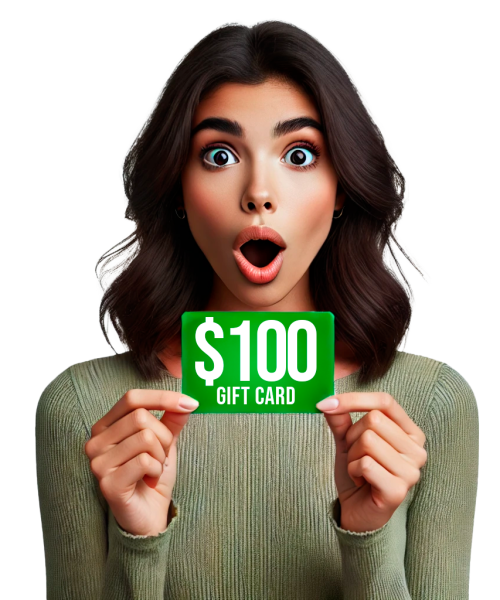 DALL·E 2024-12-06 09.39.34 - A realistic image of a surprised Latina woman looking directly at the camera, holding a green $100 gift card. She is standing in a full-body pose agai